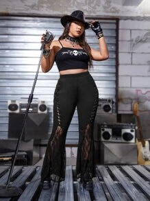 ROMWE PUNK Plus Lace Up Front Contrast Lace Flare Leg Pants - Black - View 4