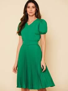 Vestido plissada lisa MIDI Rodado Moda Evangelic com cinto - Verde - Visão 5