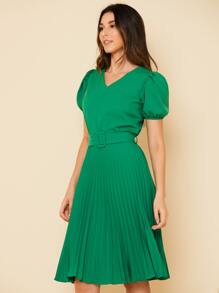 Vestido plissada lisa MIDI Rodado Moda Evangelic com cinto - Verde - Visão 6