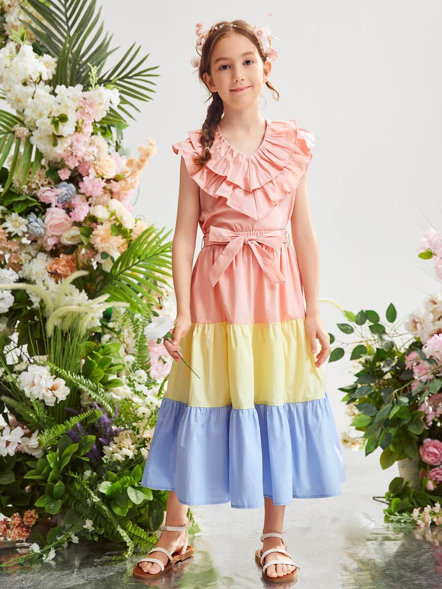 SHEIN Girls Colorblock Ruffle Trim Belted Dress - Multicolor - View 1