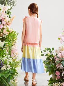 SHEIN Girls Colorblock Ruffle Trim Belted Dress - Multicolor - View 2