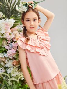 SHEIN Girls Colorblock Ruffle Trim Belted Dress - Multicolor - View 3