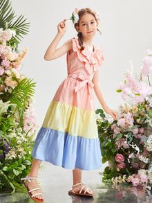 SHEIN Girls Colorblock Ruffle Trim Belted Dress - Multicolor - View 4