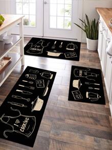 1pc Kettle & Pan Print Anti-slip Kitchen Rug - Black and White - View 1