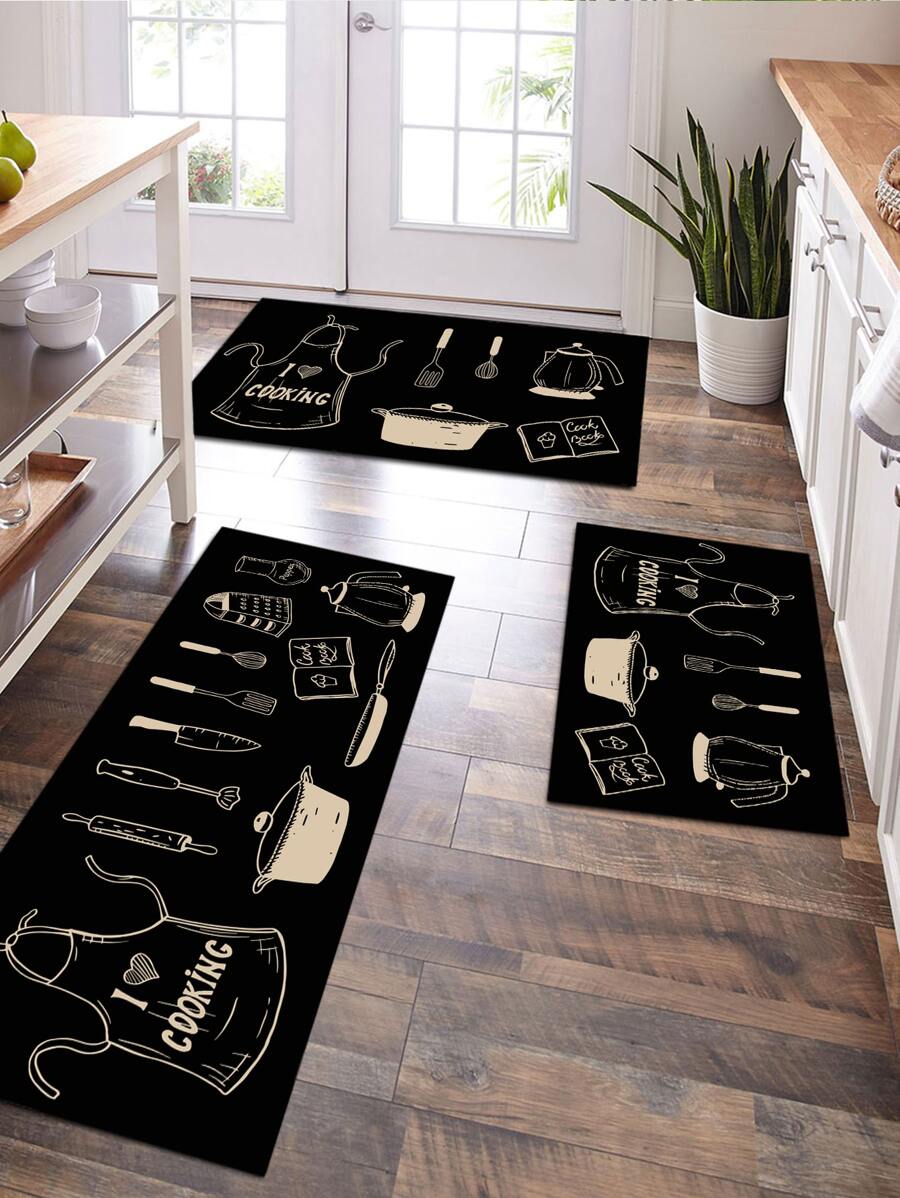 1pc Kettle & Pan Print Anti-slip Kitchen Rug - Black and White - View 1