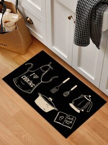 1pc Kettle & Pan Print Anti-slip Kitchen Rug - Black and White - View 2
