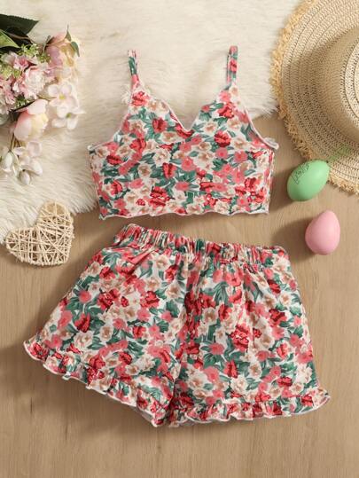 SHEIN วัยสาว ดอกไม้ เสื้อท็อปสายเดี่ยว & นัวเนีย / ชายระบาย กางเกงขาสั้น