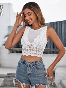SHEIN Frenchy Contrast Guipure Lace Zipper Back Sheer Tank Top - White - View 4