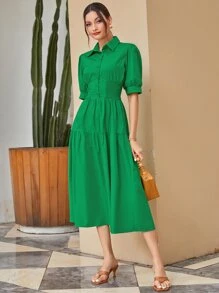 Mulvari 腰部打褶荷葉邊襯衫洋裝 - 綠色 - 查看 3