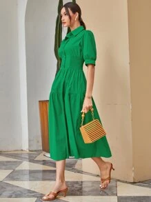 Mulvari 腰部打褶荷葉邊襯衫洋裝 - 綠色 - 查看 5