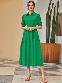 Mulvari 腰部打褶荷葉邊襯衫洋裝 - 綠色 - 查看 6