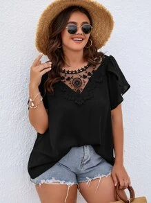 SHEIN Clasi Plus Contrast Lace Petal Sleeve Blouse - Black - View 1