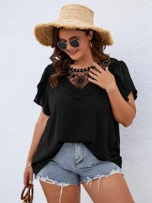 SHEIN Clasi Plus Contrast Lace Petal Sleeve Blouse - Black - View 4