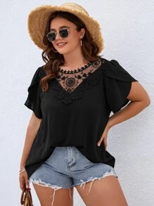 SHEIN Clasi Plus Contrast Lace Petal Sleeve Blouse - Black - View 5