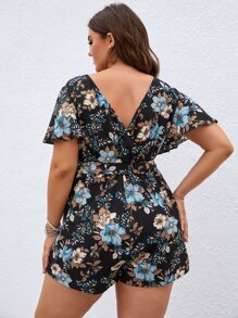 Plus Floral Print Belted Jumpsuit - Black - View 2