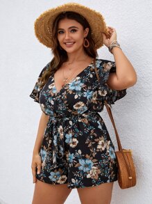 Plus Floral Print Belted Jumpsuit - Black - View 3