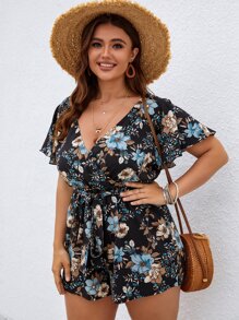 Plus Floral Print Belted Jumpsuit - Black - View 5