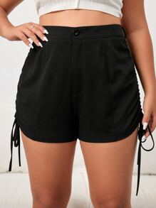 Shorts Con Cordón Y Fruncido Para Tallas Grandes - Negro - Ver 5