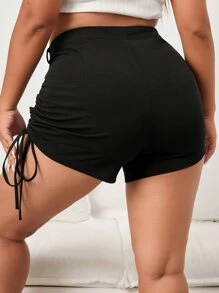 Shorts Con Cordón Y Fruncido Para Tallas Grandes - Negro - Ver 2