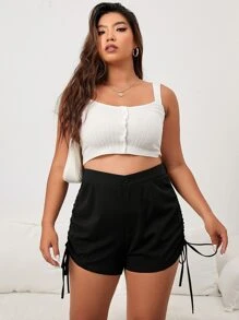 Shorts Con Cordón Y Fruncido Para Tallas Grandes - Negro - Ver 1