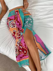 SHEIN Holidaya Paisley Print Draped Front Slit Skirt Maxi Vacation Beach Outfits Women Fall Cloth For Women - Multicolor - View 1