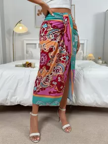 SHEIN Holidaya Paisley Print Draped Front Slit Skirt Maxi Vacation Beach Outfits Women Fall Cloth For Women - Multicolor - View 3