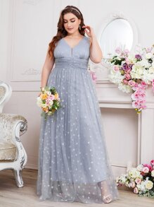 SHEIN Belle Vestido de dama de honor fruncido con cremallera trasera de malla - Neblina azul - Ver 1