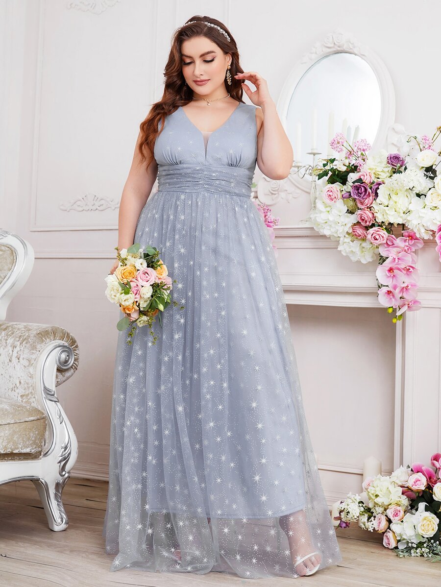 SHEIN Belle Vestido de dama de honor fruncido con cremallera trasera de malla - Neblina azul - Ver 1