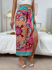 SHEIN Holidaya Paisley Print Draped Front Slit Skirt Maxi Vacation Beach Outfits Women Fall Cloth For Women - Multicolor - View 5