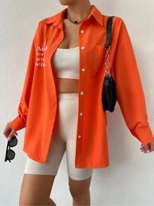 SHEIN Unity Áo sơ mi nữ Túi Nút phía trước Slogan Giải trí - trái cam - Xem 5