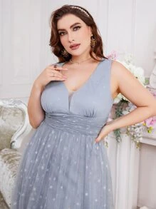 SHEIN Belle Vestido de dama de honor fruncido con cremallera trasera de malla - Neblina azul - Ver 4