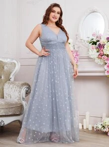 SHEIN Belle Vestido de dama de honor fruncido con cremallera trasera de malla - Neblina azul - Ver 5