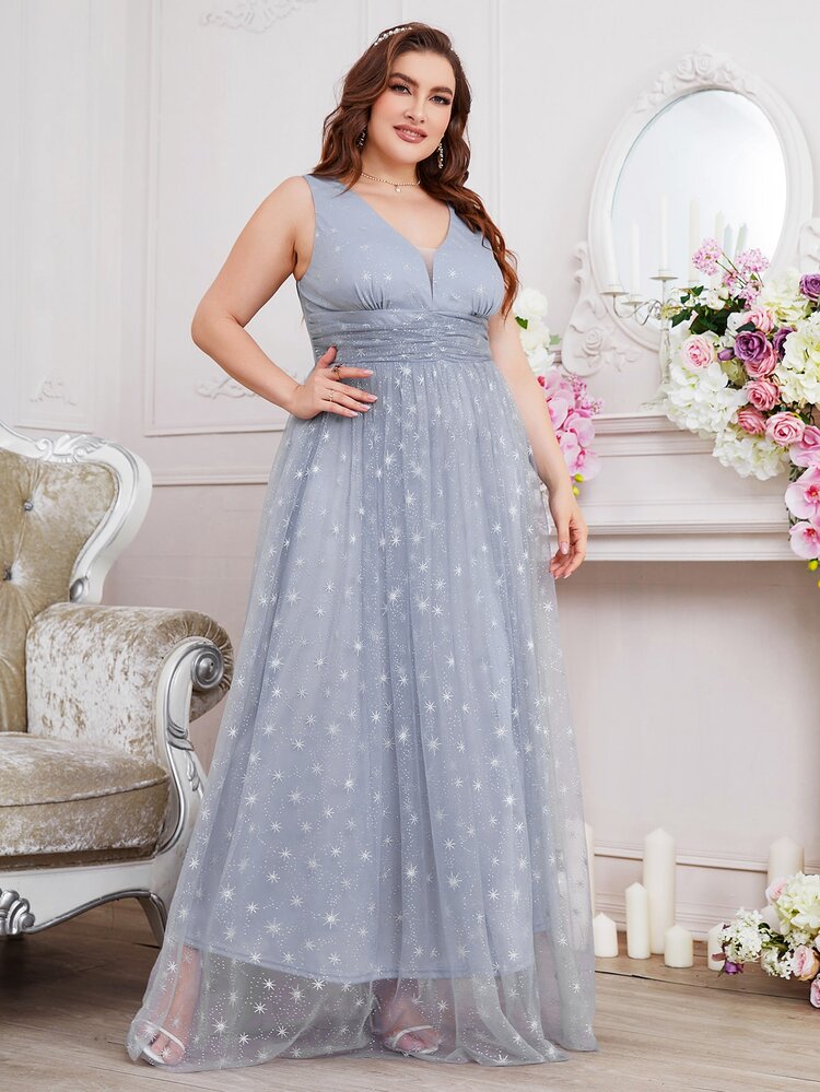 SHEIN Belle Plus Ruched Zipper Back Mesh Bridesmaid Dress - Dusty Blue - View 5