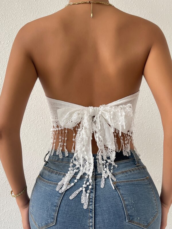 Calvaya Jacquard Guipure Dantela Fringe tiv Tie la spate Crop Tub Tub Top