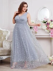 SHEIN Belle Vestido de dama de honor fruncido con cremallera trasera de malla - Neblina azul - Ver 6