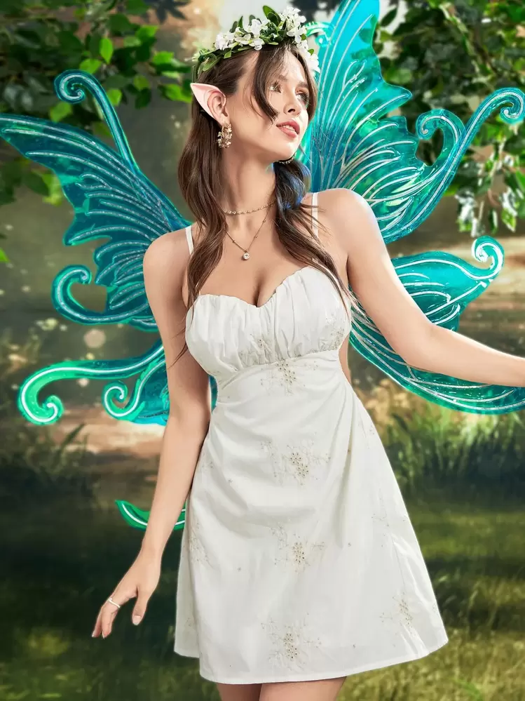 SHEIN Unity Vestido de tirantes floral al azar con bordado pecho con fruncido con abertura - Blanco - Ver 2