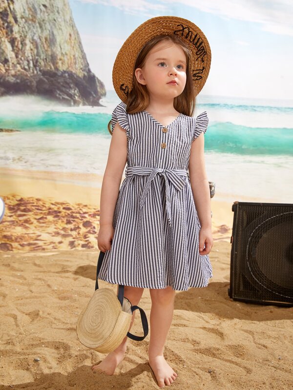 SHEIN Kids SUNSHNE Toddler Girls Striped Butterfly Sleeve Belted Dress