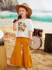 SHEIN 少女花卉及標語圖形露肩T恤和褶邊褲