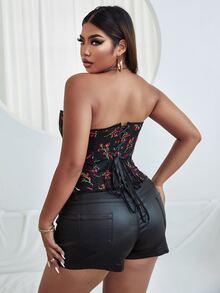 Plus Floral Embroidered Lace Up Back Overbust Corset Top - Black - View 3