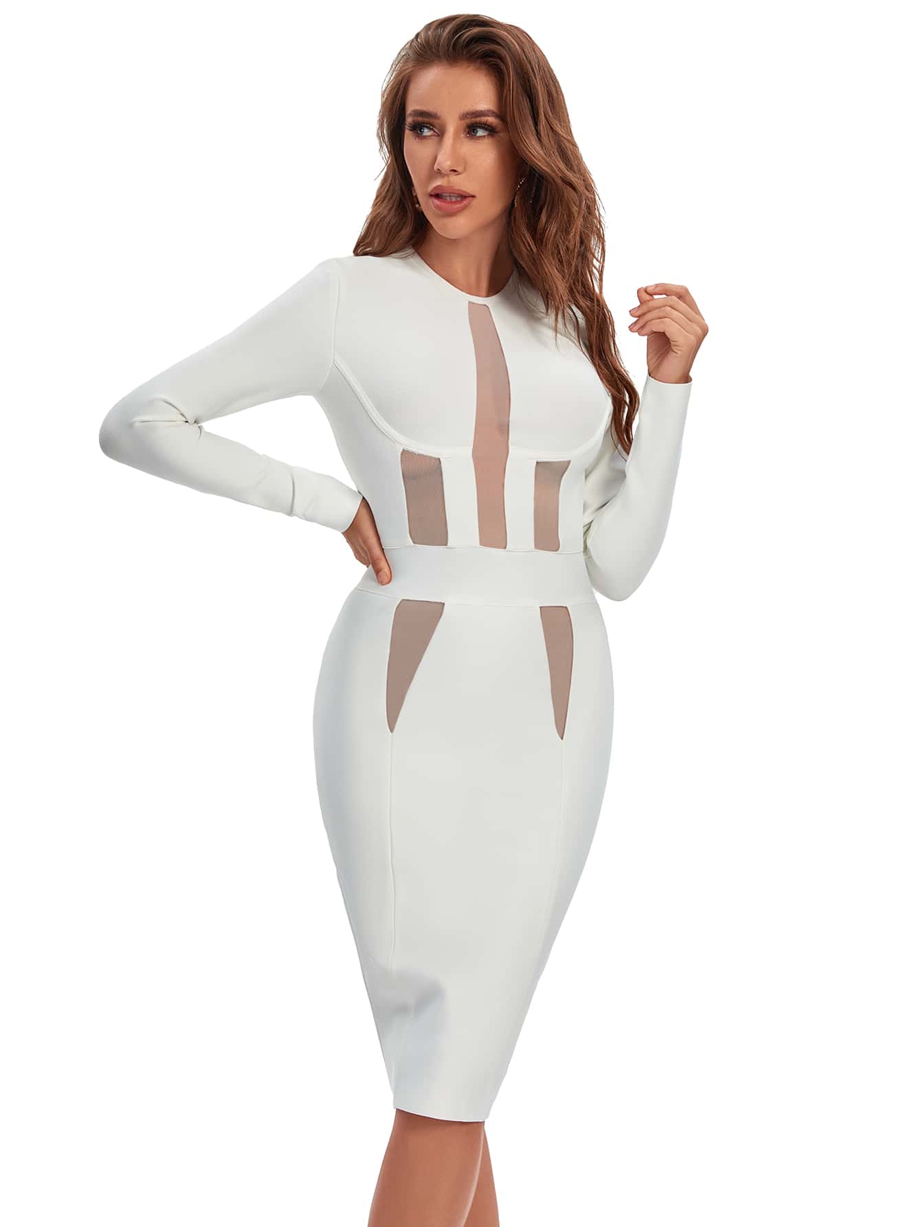 Mesh Panel Bandage Dress - White - View 1