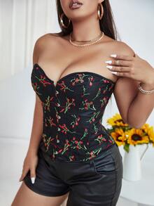 Plus Floral Embroidered Lace Up Back Overbust Corset Top - Black - View 5