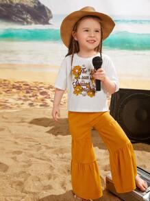 SHEIN 少女花卉及標語圖形露肩T恤和褶邊褲