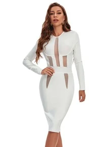 Mesh Panel Bandage Dress - White - View 4
