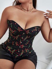 Plus Floral Embroidered Lace Up Back Overbust Corset Top - Black - View 1