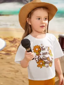 SHEIN 少女花卉及標語圖形露肩T恤和褶邊褲