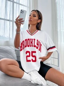 SHEIN Unity 字母圖案條紋飾邊T恤 - 白色 - 查看 3