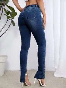 Split Hem Solid Jeans - Dark Wash - View 2