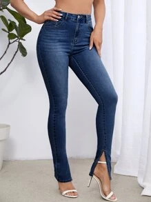 Split Hem Solid Jeans - Dark Wash - View 5