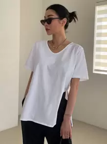 DAZY Scoop Neck Split Side Tee - White - View 1