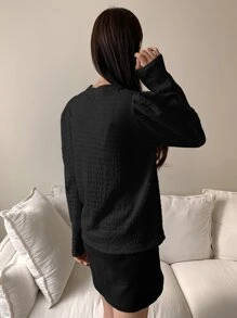 DAZY Blusa unicolor de manga farol con textura - Negro - Ver 2